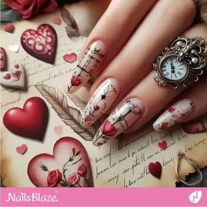 Nude Almond Nails with Rose Flowers | Valentine Nails - NB2400